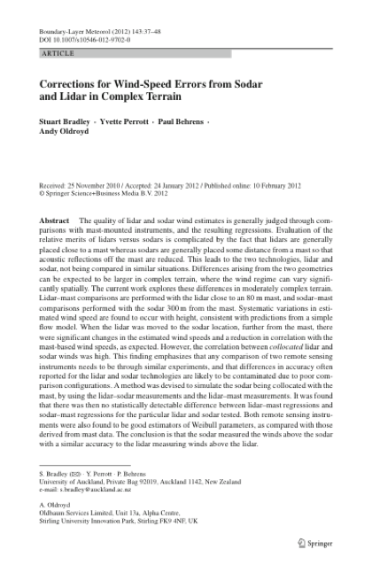 First page of Corrections for Wind-Speed Errors from Sodar and Lidar in Complex Terrain