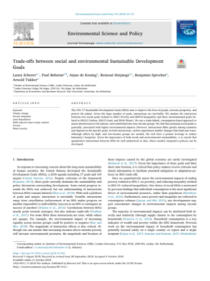First page of Trade-offs between social and environmental Sustainable Development Goals