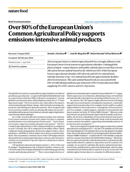 First page of Over 80% of the European Union's Common Agricultural Policy supports emissions-intensive animal products