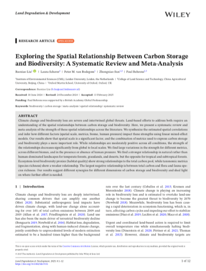 First page of Exploring the Spatial Relationship Between Carbon Storage and Biodiversity: A Systematic Review and Meta-Analysis