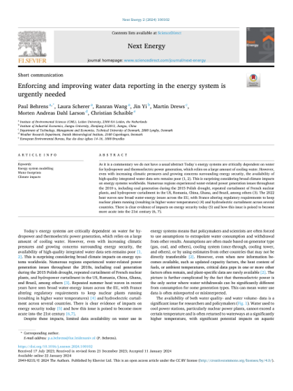 First page of Enforcing and improving water data reporting in the energy system is urgently needed