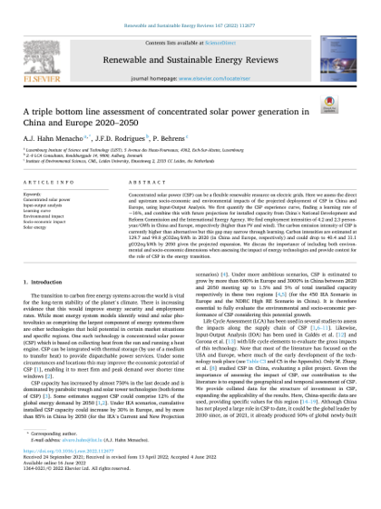 First page of A triple bottom line assessment of concentrated solar power generation in China and Europe 2020–2050