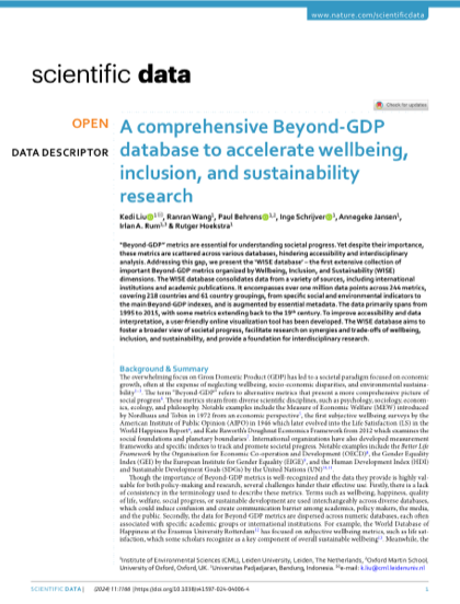 First page of A comprehensive Beyond-GDP database to accelerate wellbeing, inclusion, and sustainability research