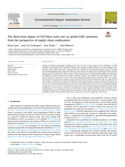 First page of The short-term impact of US-China trade war on global GHG emissions from the perspective of supply chain reallocation