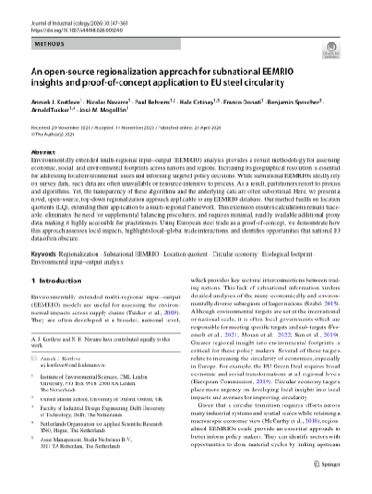 First page of An open-source regionalization approach for subnational EEMRIO insights and proof-of-concept application to EU steel circularity