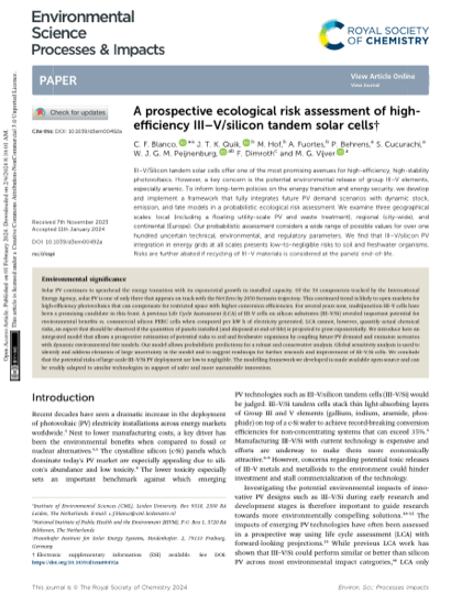 First page of A prospective ecological risk assessment of high-efficiency III–V/silicon tandem solar cells