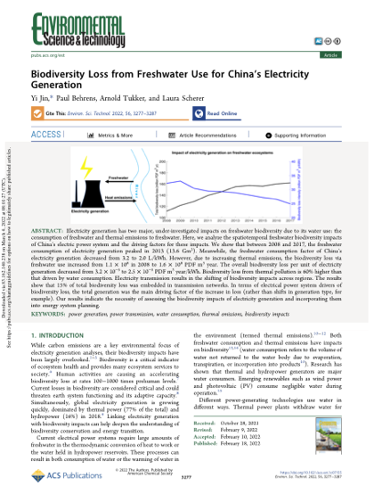 First page of Biodiversity Loss from Freshwater Use for China's Electricity Generation