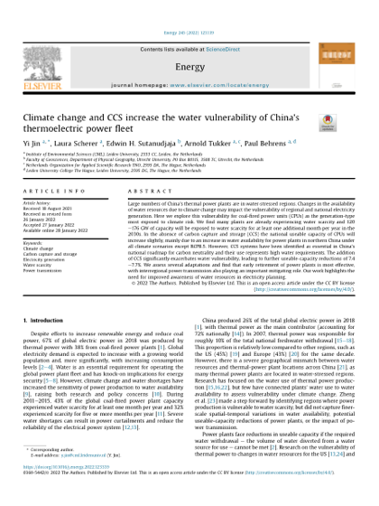 First page of Climate change and CCS increase the water vulnerability of China's thermoelectric power fleet