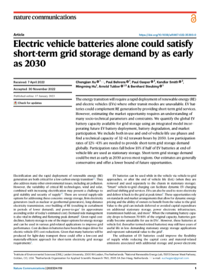 First page of Electric vehicle batteries alone could satisfy short-term grid storage demand by as early as 2030