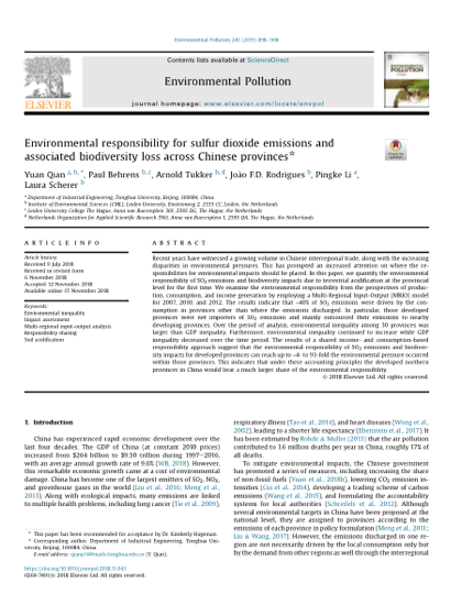 First page of Environmental responsibility for sulfur dioxide emissions and associated biodiversity loss across Chinese provinces
