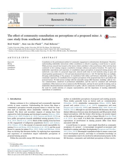First page of The effect of community consultation on perceptions of a proposed mine: A case study from southeast Australia