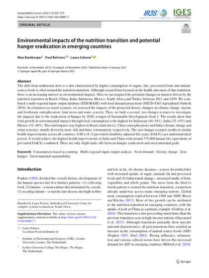 First page of Environmental impacts of the nutrition transition and potential hunger eradication in emerging countries