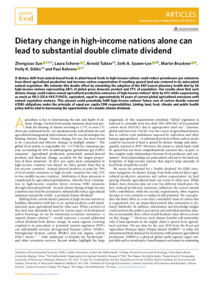 First page of Dietary change in high-income nations alone can lead to substantial double climate dividend