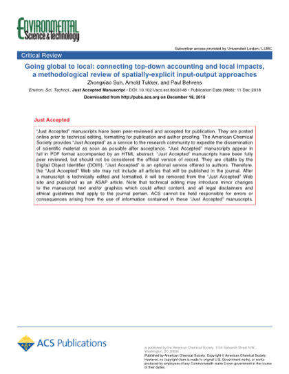 First page of Going Global to Local: Connecting Top-Down Accounting and Local Impacts, A Methodological Review of Spatially Explicit Input-Output Approaches