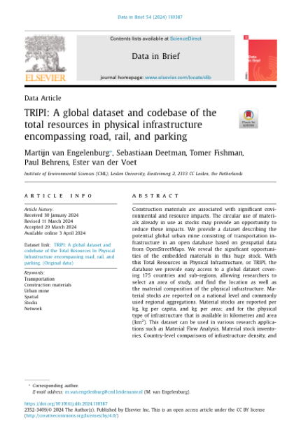 First page of TRIPI: A global dataset and codebase of the total resources in physical infrastructure encompassing road, rail, and parking
