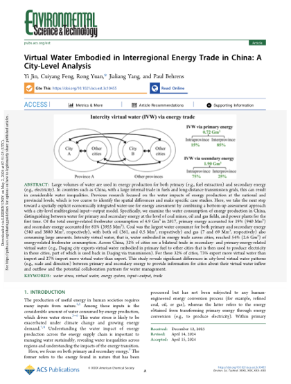 First page of Virtual Water Embodied in Interregional Energy Trade in China: A City-Level Analysis