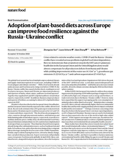 First page of Adoption of plant-based diets across Europe can improve food resilience against the Russia–Ukraine conflict