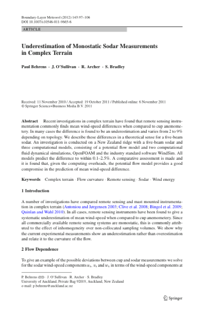 First page of Underestimation of Monostatic Sodar Measurements in Complex Terrain