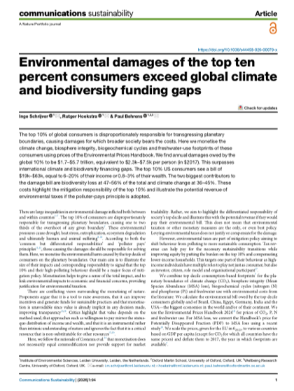 First page of Environmental damages of the top ten percent consumers exceed global climate and biodiversity funding gaps