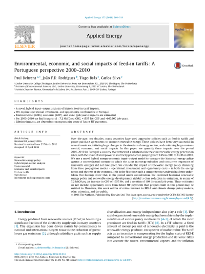 First page of Environmental, economic, and social impacts of feed-in tariffs: A Portuguese perspective 2000–2010