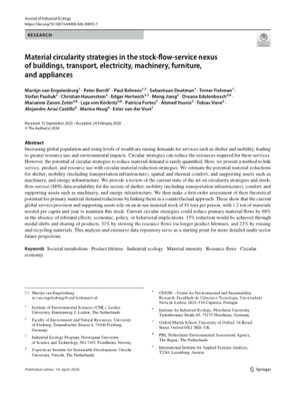 First page of Material circularity strategies in the stock-flow-service nexus of buildings, transport, electricity, machinery, furniture, and appliances
