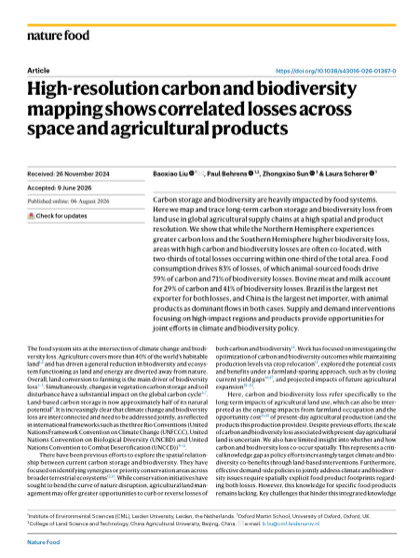 First page of High-resolution carbon and biodiversity mapping shows correlated losses across space and agricultural products